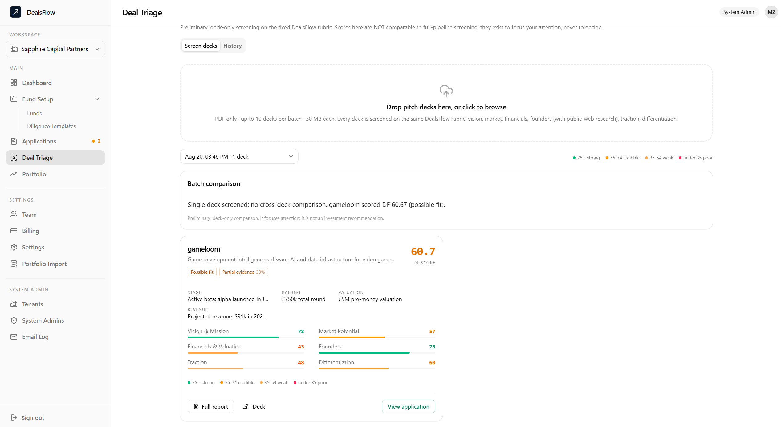 DealsFlow deal triage showing a pitch-deck assessment and score dimensions